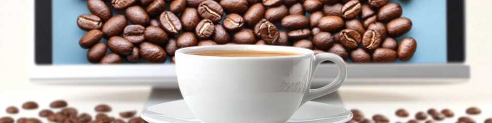 Poster - Minimalist Coffee Cup with Coffee Beans Display on Monitor – Sleek and Modern Office Coffee Aesthetic