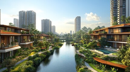 Poster - vibrant urban landscape showcasing lush greenery modern residential buildings and serene environment.illustration