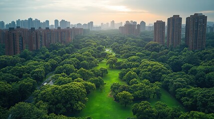 Poster - view of modern city integrating green spaces parks and sustainable urban planning for an eco friendly environment