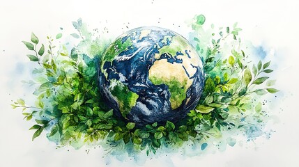 Poster - watercolor earth surrounded by green and blue leaves symbolizing environmental sustainability and es