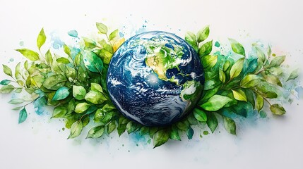 Poster - watercolor earth surrounded by green and blue leaves symbolizing environmental sustainability and es