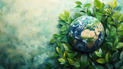 Poster - watercolor earth surrounded by green and blue leaves symbolizing environmental sustainability and es