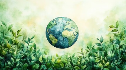 Poster - watercolor earth surrounded by green leaves symbolizing sustainability and nature friendly living bl