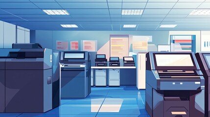 Poster - Modern Office Interior with Multiple Printers and Copiers