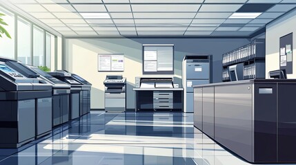 Poster - Modern Office Interior with Multiple Printers and Office Equipment