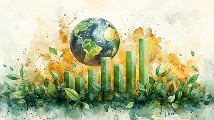 Poster - watercolor image depicting sustainable development with globe bar graph and green leaves symbolizing
