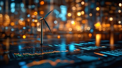 Poster - wind turbine in focus with dat analysis charts graphs and diagrams in the background information dashboard displaying renewable energy statistics.stock image