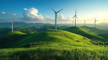 Poster - wind turbines in vast field harnessing wind energy for sustainable electricity production clear blue sky and green landscape highlight renewable energys role in environmental conservation