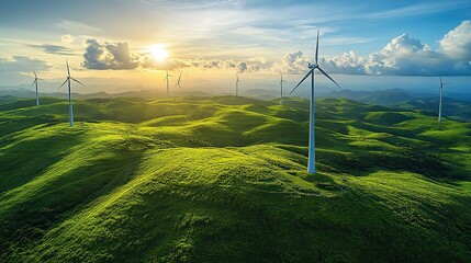 Poster - wind turbines in vast field harnessing wind energy for sustainable electricity production clear blue sky and green landscape highlight renewable energys role in environmental conservation