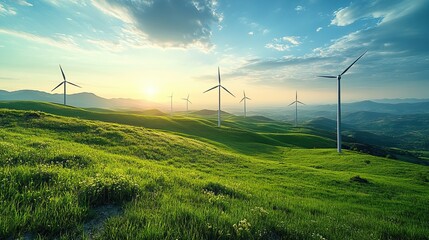 Poster - wind turbines in vast field harnessing wind energy for sustainable electricity production clear blue sky and green landscape highlight renewable energys role in environmental conservation