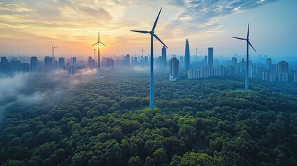 Poster - wind turbines stand tall against city skyline representing the integration of alternative energy in urban planning and sustainable development projects.stock image