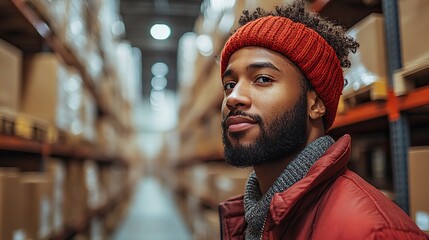 Poster - worker handling boxes in warehouse representing inventory management and logistics.illustration