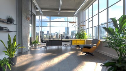 Canvas Print - Modern Office Interior with Cityscape View and Yellow Cabinetry