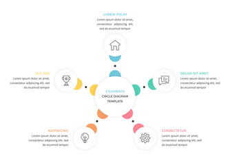 Wall Mural - Circular diagram with 5 elements, infographic template of a process with 5 stages, vector eps10 illustration