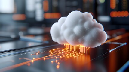 Compact 3D Cloud Icon with Glowing Server Nodes in a Smooth Two Tone Grid Representing Cloud Hosting and Network Architecture Concepts