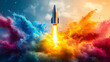 © Tanicsean - A rocket soars into the sky, leaving behind an explosion of vibrant colors blue, red, and yellow against a clear backdrop