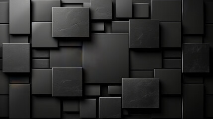 Poster - A modern wall features an array of textured black panels in varying sizes and shapes, creating a striking abstract design. The uniformity in color enhances the visual depth and interest.
