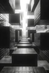 Poster - In a striking urban environment, a series of geometric structures rise dramatically, creating an intricate path of light and shadow. The interplay of forms leads the eye toward a bright focal point.