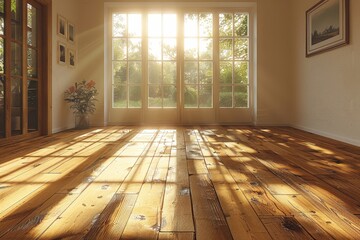 Poster - The warm glow of sunlight floods a spacious room through large windows, illuminating the wooden floor and creating a serene atmosphere. A potted plant adds a touch of nature to the inviting space.