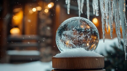 Poster - A snow globe filled with swirling snow captures the essence of winter, set against a backdrop of icicles and a softly lit cabin during a gentle snowfall. The atmosphere is peaceful and inviting.
