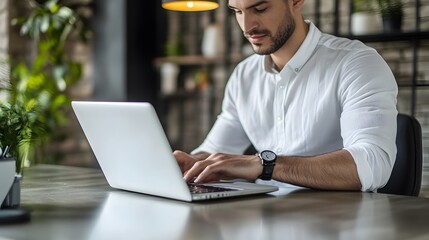 Wall Mural - A Man Wearing a White Shirt Working on a Laptop