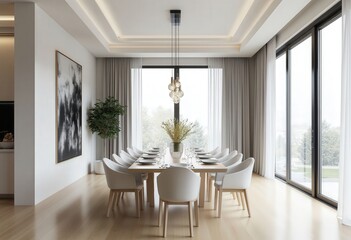 Wall Mural - Modern Dining Room with Large Windows and Light Wood Floors  .