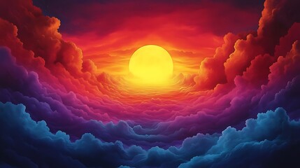 Wall Mural - a vibrant sunset with a large, yellow sun shining through a field of colorful clouds.