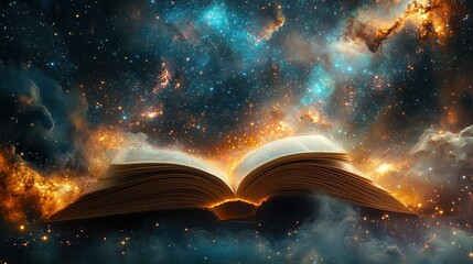 Wall Mural - Open Book with Cosmic Galaxy Background Illustrating the Magic of Reading and Imagination in a Mystical Universe Setting