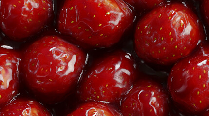 Wall Mural - a close-up, top-down view of glazed strawberries, filling the entire frame with the focus on the strawberries' intricate details