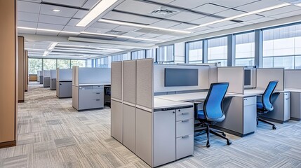 Poster - Modern Office Interior with Cubicles, Desks, and Blue Chairs
