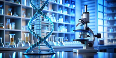 DNA Helix and Microscope in a Laboratory, DNA Research , Science