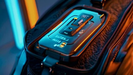 Futuristic device with glowing buttons and display embedded in black leather bag.