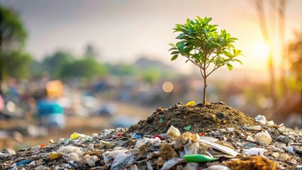 Photo of small tree growing on garbage pile against a macro background