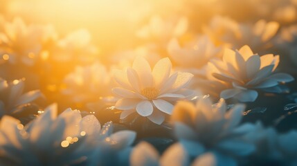 A field of white flowers with a bright sun shining on them