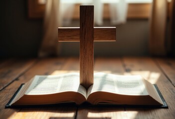 Wooden Cross on Open Bible .