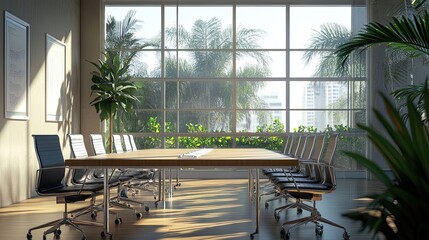 Canvas Print - Empty Conference Room with Large Window and Wooden Floor