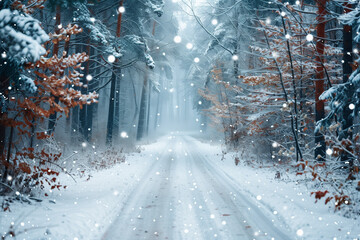 Snowy road in beautiful winter forest