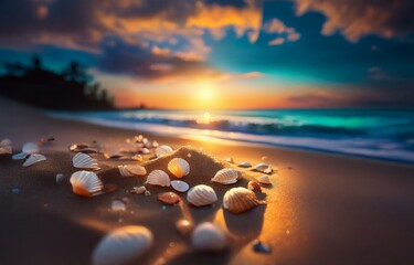 A scenic view of seashells on a sandy beach with a sunset and ocean in the background.