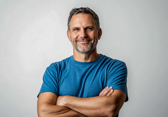 A smiling, confident man in a blue t-shirt with crossed arms, isolated on a white background.