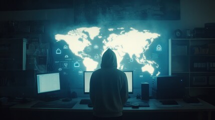 Poster - Mysterious Hooded Figure in Front of Glowing Computer