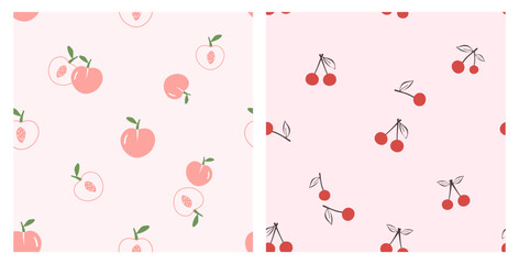 Wall Mural - Seamless patterns with peach fruit and cute cherry on pink backgrounds vector. Cute fruit print.