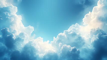 Wall Mural - a blue sky with white fluffy clouds and a bright light shining through.