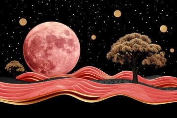 A captivating landscape features a giant pink moon illuminating rolling waves of vibrant colors, paired with stylized trees. Stars twinkle against the deep night sky, creating a serene atmosphere.