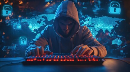 Poster - Mysterious Hooded Figure Typing on a Computer