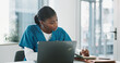 © PeakPoints/peopleimages.com - Hospital, doctor and black woman with laptop, writing and thinking with research, online reading and results. African person, medical or professional with computer, nurse and digital app with network