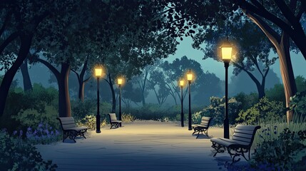 Wall Mural - Empty Benches Under Streetlights in a Foggy Forest