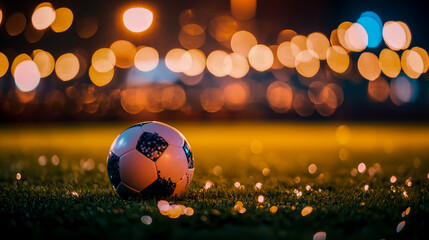 A soccer ball on the grass of an outdoor stadium, illuminated by spotlights at night.