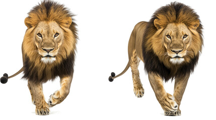 Poster - majestic african lions sprinting directly towards the camera generative ai