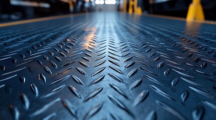 A close-up view of a steel diamond plate with a blurred background.