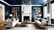 © uon - Modern luxurious living room, white fireplace, navy blue walls, gold accents, symmetrical bookshelves, white sofas, wooden coffee table, potted plants, minimalist decor, cozy atmosphere, interior desi
